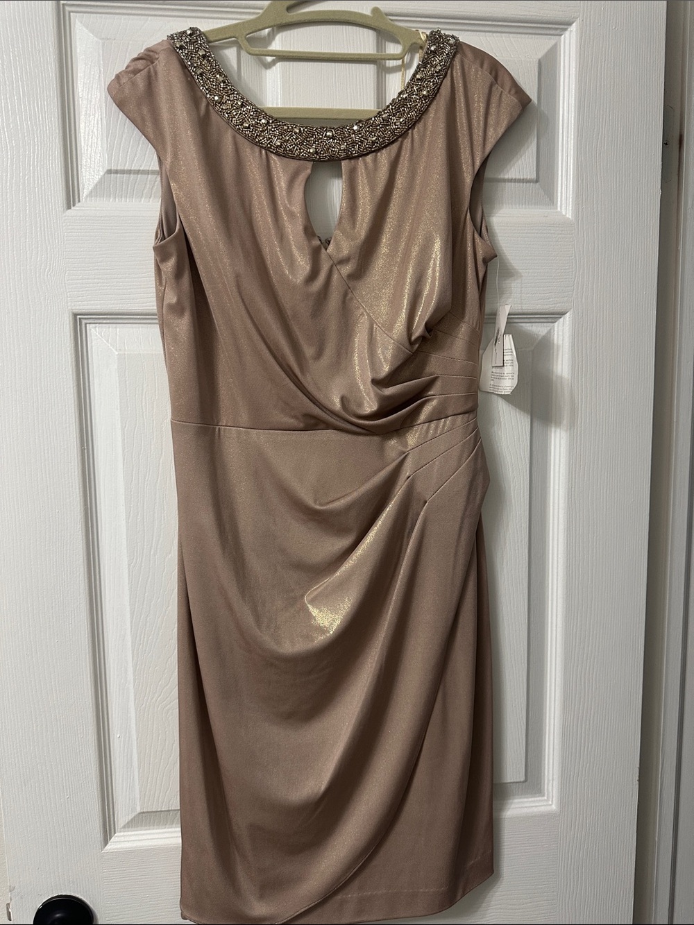Alex Evenings Shimmery Taupe Midi Dress with Beaded Collar